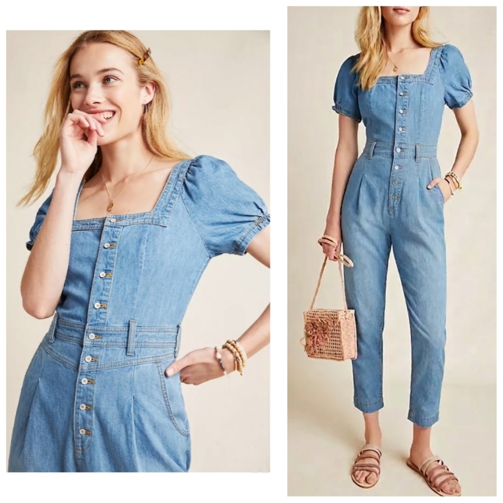 Anthropologie Pilcro Square-Neck Denim Puff-Sleeve Jumpsuit Size 14